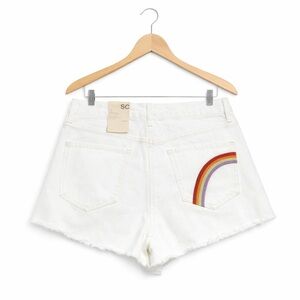 SO Juniors White Denim Cutoff Shorts Size 11 Super High Waist Rainbow Pocket